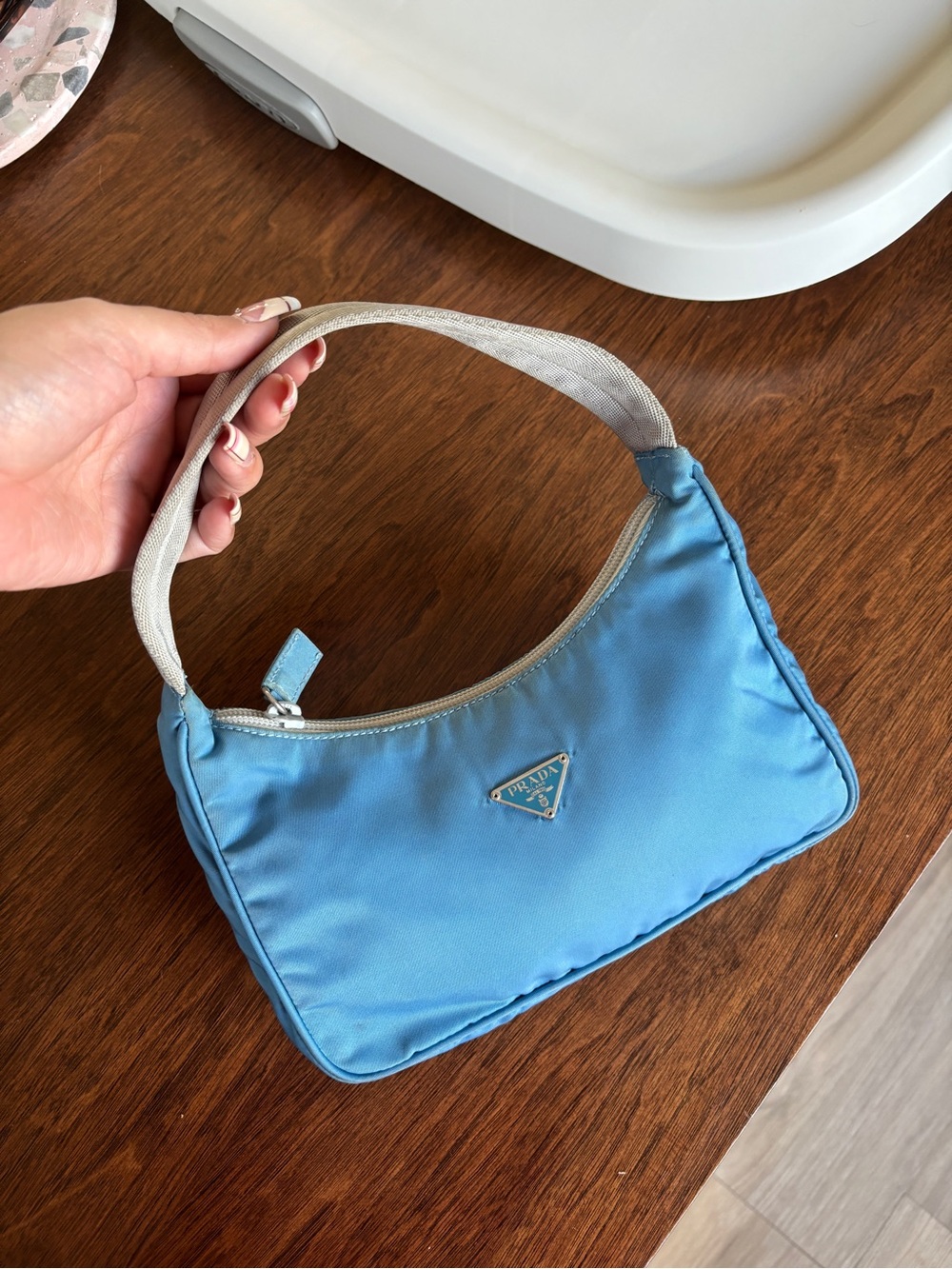 Prada Blue Nylon Shoulder Bag with Cream Strap - Picture 2 of 7